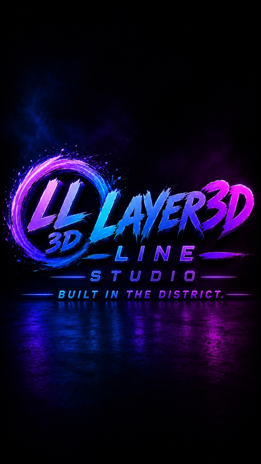 Layer3D Line Studio neon brand lockup